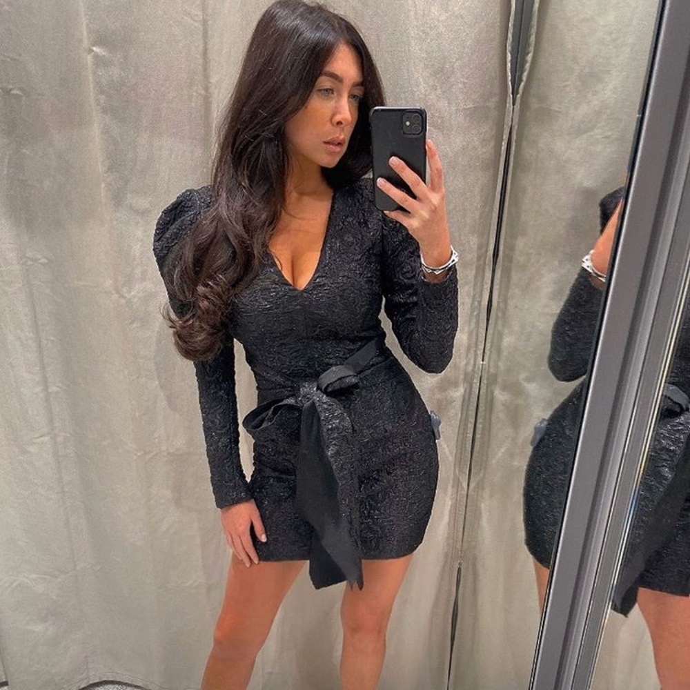 ZARA BLACK TEXTURED DRESS WITH BOW SIZE SMALL